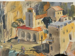 Gebhardt Béla:Sziklás táj,Strand Itáliában,akvarell