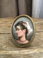 Antique hand painted porcelain picture in copper frame