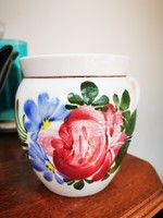 ANTIQUE ROSE-DECORATED GRANITE JUG