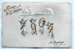 Antik Tannenzweig Újévi üdvözlő grafikus képeslap 1904 angyalkák nevető hold nap