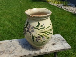 Antique folk glazed earthenware jug with flowers, old wheat ears eared silke jug 27 cm