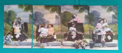 Antik képeslapsorozat ,kislányok utazóládával, színezett képeslapok