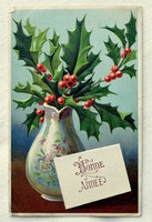 Antique embossed New Year greeting litho postcard with holly bouquet in vase