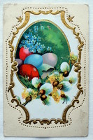 Vintage  dombornyomott Húsvéti  üdvözlő grafikus képeslap  barka tojás