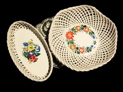 2 pcs Bodrogkeresztúr ceramic hand-painted wicker, openwork flower pattern bowl 23 and 23 x 12 cm
