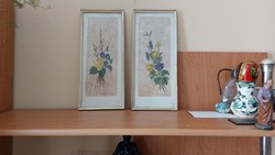 2 Klara Krebitz Flower Paintings 16x37 cm with Frame, in Worn Frame