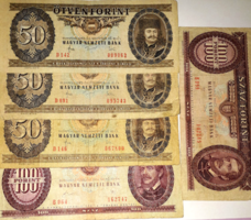 3 darab 50 forintos és 2 darab 100 forintos magyar papírpénz...