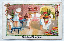 Régi Pauli Ebner Újévi üdvözlő képeslap angyalkák szakácsként süteményt ajándékot hordanak