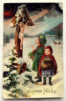 Antik arannyal préselt Karácsonyi üdvözlő képeslap gyerekek útmenti keresztnél téli táj