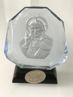 Art deco Czech crystal glass ornament with intaglio Jesus head, schlevogt ingrid series, 8 cm high