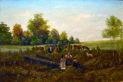 1900 körül Magyar naív festő : EBÉD IDŐ A GULYÁVAL ( TEHÉN PÁSZTOR JELENET )