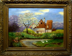 Xix. End of naive painter: spring flowering garden detail with geese