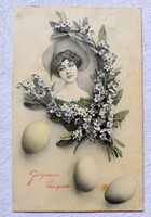 Antik ASV francia grafikus Húsvéti üdvözlő  képeslap hölgyportré tojás