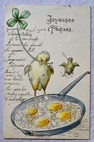 Antique Embossed Easter Greeting Postcard with Chicks Clover Scrambled Frying Pan Hand Colored