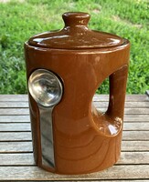 Retro modern vintage design design of glazed ceramic coffee or sugar bowl storage box with spoon