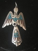 Zuni-navajo silver - crushed turquoise pendant with coral decoration from the 1970s-tommy singer-
