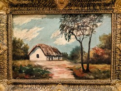 Parasztház, tanya romantikus festmény gyönyörű keretben