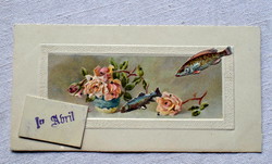 Antik dombornyomott glitteres üdvözlő litho kártya  nem képeslap  ápr1. rózsa hal