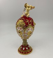 Old Faberge Type Gold Plated Putto Enameled Metal Large Jewelry Box with Gift Bracelet
