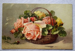 Art deco Chatarina Klein üdvözlő képeslap rózsák kosárban