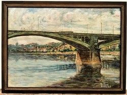 Ernő Kovács' (1940) painting of the Budapest Margaret Bridge with original guarantee!