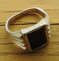 Old silver colored large black stone sealing ring