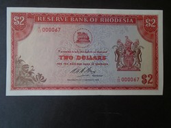27   Régi bankjegy  - RHODESIA  2  dollár 1970 (febr.17)   UNC alacsony szériaszámú 000067