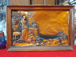 Retro bronze, copper antique scene embossed wall picture.