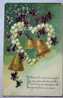 Antik francia romantikus litho üdvözlő képeslap  gyöngyvirág szív harang ibolya