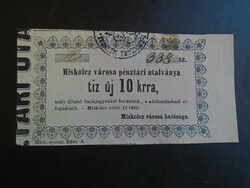 17 25  HUNGARY  -  Miskolc - 10 Új  Krajcár pénztári utalvány 1860