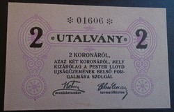 17 2 -  Régi bankjegy  - 2 korona 1919 Pester Lloyd  UNC
