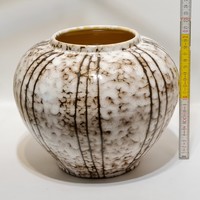 Hodmezővásárhely, dark brown, gray, line-patterned, applied glazed ceramic vase (2241)