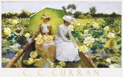 Charles courtney curran lotus lilies 1888, painting art poster, lady boat lake umbrella