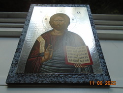 Jelzett bizánci ikon "Krisztus a tanító" dombormintás ezüst fólián,márványos falapon