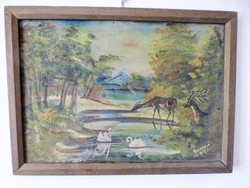 Landscape with stream with deer and swans. With a smiling signature 1959.