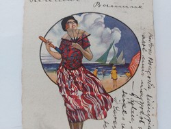 Régi képeslap 1925 művészeti art deco levelezőlap hölgy vitorlás hajók strand