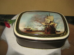 Régi holland , édességes  fém doboz  , hajós decorral  , 21 x 16,2 x 6,5 cm