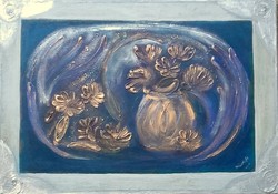 Pillangóvirágok. 50x70 cm-es vászonkép,porcelánmasszás máz, Károlyfi Zsófia Prim-djas alkotó műve.