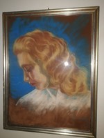 Attila Sassy (1880-1967) - female portrait - original pastel painting, about 1 forint.