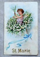 Antik dombornyomott üdvözlő képeslap  angyalkak gyöngyvirág bokrétában St Marie