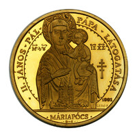 II. Pope John Paul's visit to Máriapócs 1991 piedfort medal 65mm gold plated