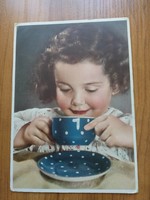 Old postcard, little girl with blue polka dot mug, Carl Werner color photo