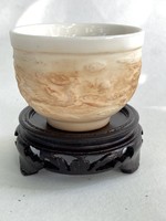 Chinese porcelain bone cup, bowl on wooden base china japanese asia east asian