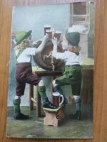 Antik képeslap, Söröző gyerekek, béyegezve Pozsony, 1909