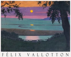 Felix confessed sunset with orange and violet sky 1918 painting art poster, lake landscape tree