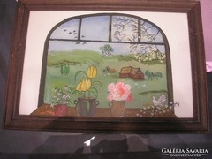 Német festőnő-től 3 db jelzett  üveglapos akvarell kép szoba ablakból festve