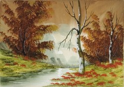 1J475 Hungarian painter xx. Century: waterfront autumn landscape