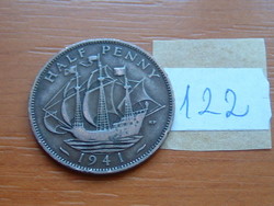 English England 1/2 half penny 1941 king george vi. Golden hind sailing ship 122.
