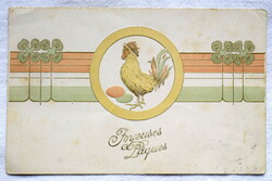 Antik szecessziós dombornyomott Húsvéti üdvözlő képeslap kakas lóhere magyar trikolor