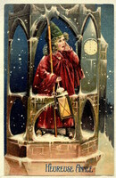 Antik dombornyomott Újévi üdvözlő képeslap éjjeli kis  toronyőr lámpás óra